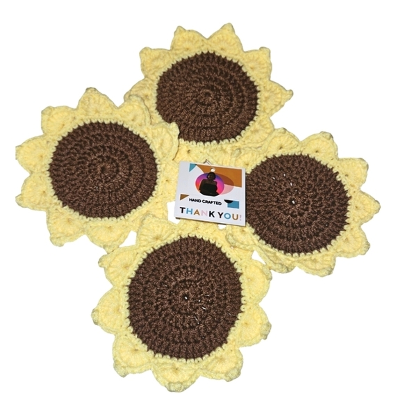 Hand Crafted Crochet Coaster Set Sunflower Cup Mat - Picture 3 of 17